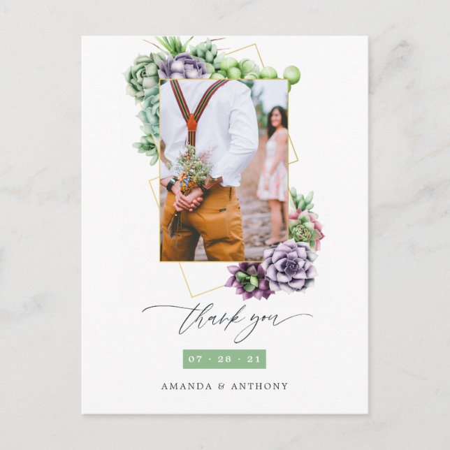 Cartão Postal Suculentas Agradecimento de Foto de Casamento Geom (Frente)