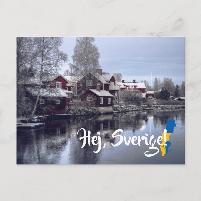 Cartão Postal Suecia de inverno nato Hej Sverige (Frente)