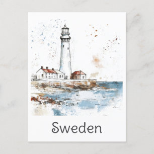 Cartão Postal Suecia Farol Coast Watercolor Sueco Viagem