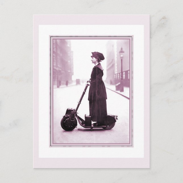 Cartão Postal Sufrageta de 1916 de história de ciclismo num pati (Frente)