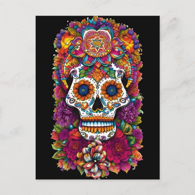 Cartão Postal Sugar Skull Art - Fiesta das cores (Frente)