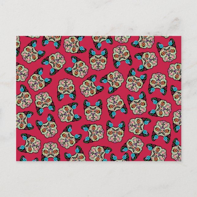 Cartão Postal Sugar Skull Frenchie - Rosa (Frente)