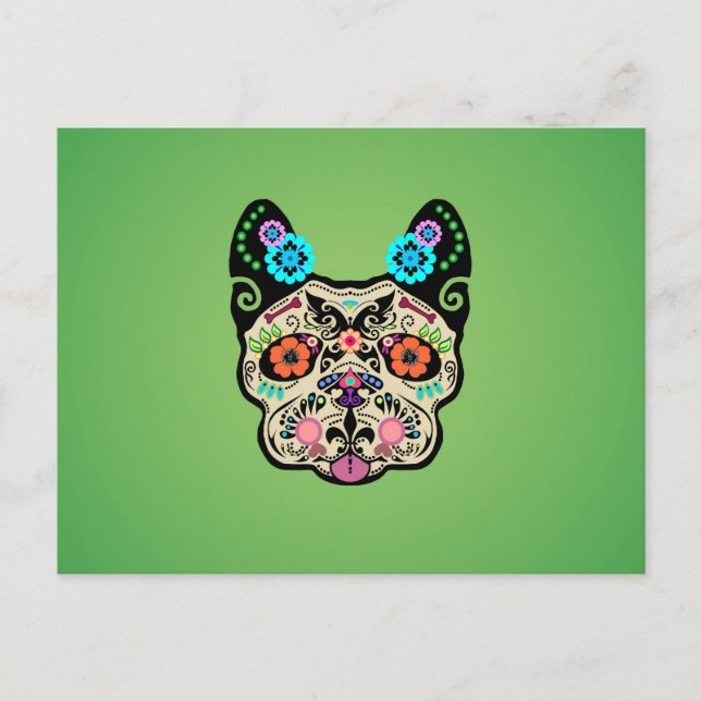 Cartão Postal Sugar Skull Frenchie - Verde (Frente)