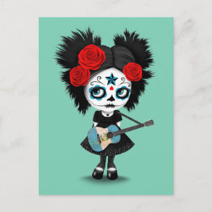 Cartão Postal Sugar Skull Girl tocando guitarra de bandeira guat