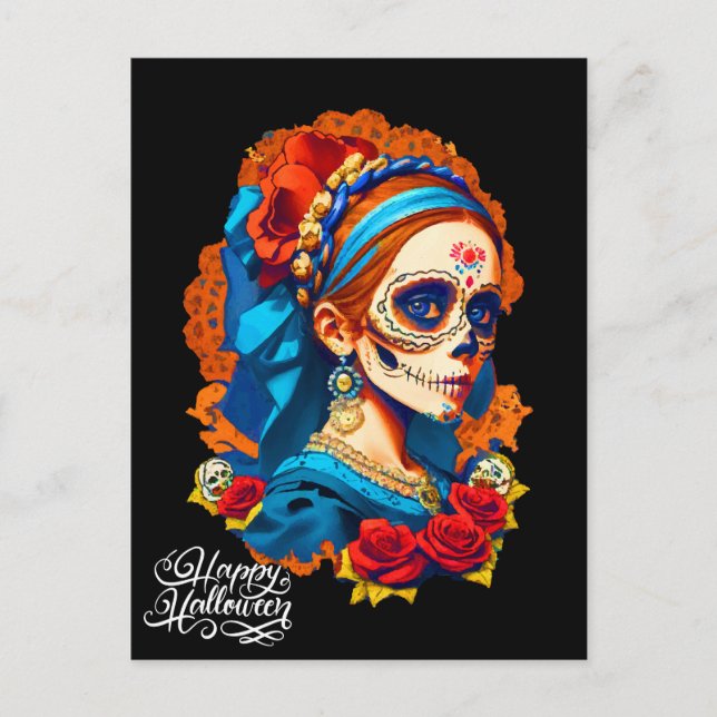 Cartão Postal Sugar Skull Halloween, Dia de los Muertos (Frente)