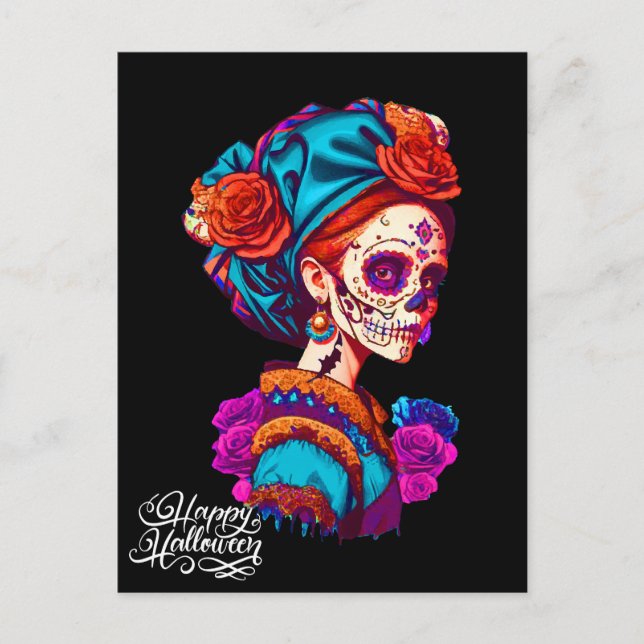 Cartão Postal Sugar Skull Halloween, Dia de los Muertos (Frente)