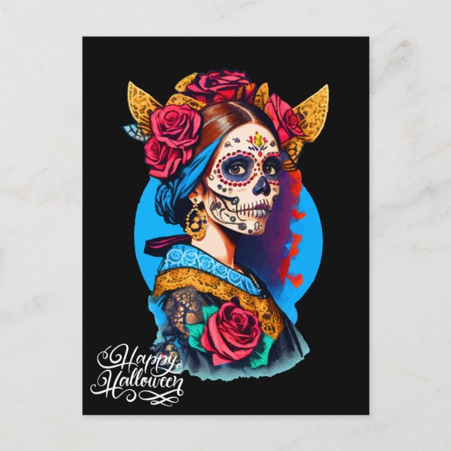 Cartão Postal Sugar Skull Halloween, Dia de los Muertos (Frente)
