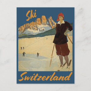 Cartão Postal Suiça de Esqui Vintage em Alpes Suíços