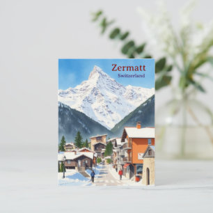 Cartão Postal Suíça Zermatt aquarela de férias vintage