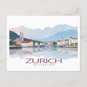 Cartão Postal Suiça Zurich Viagem Lago Zurich Pastel