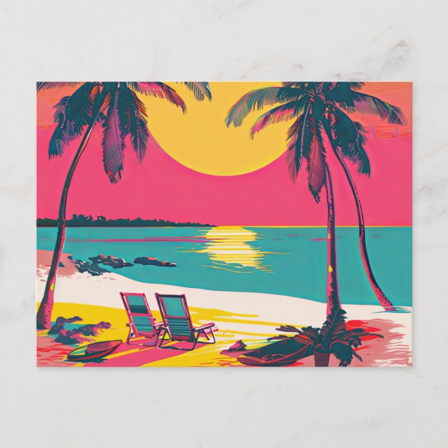Cartão Postal Summer Beach Vibe Retro Surfer Palm Trees Sunset (Frente)
