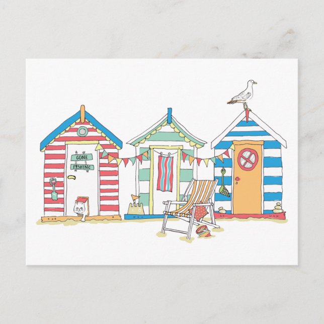 Cartão Postal Summer Sewing Beach Huts na Ilustração da Areia (Frente)