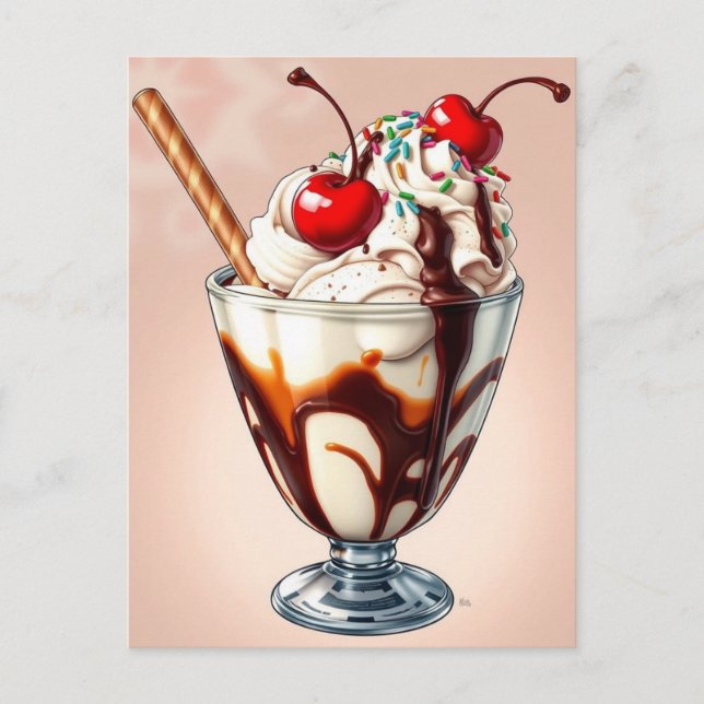 Cartão Postal Sundae de Sorvete de Chocolate com Confeitos   (Frente)