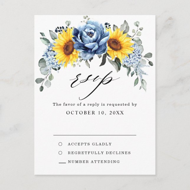 Cartão Postal Sunflower Dusty Blue Slate Peony Casamento RSVP (Frente)