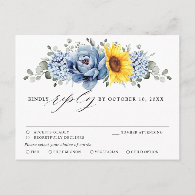 Cartão Postal Sunflower Dusty Blue Slate Peony Casamento RSVP (Frente)