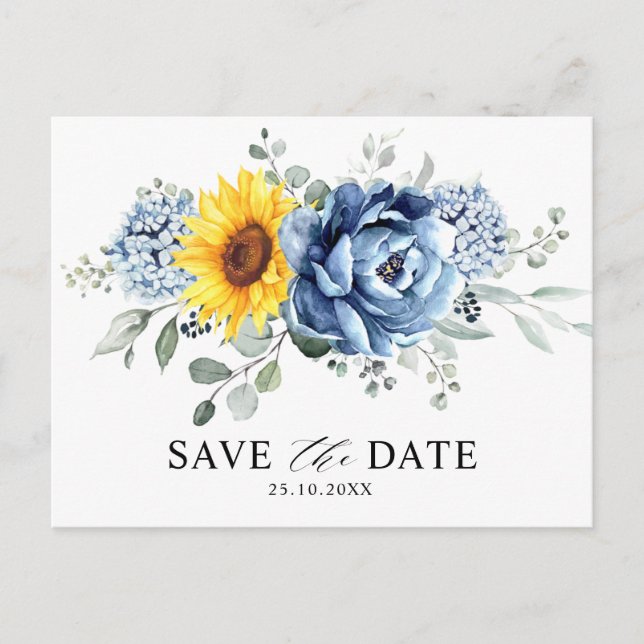 Cartão Postal Sunflower Dusty Blue Slate Peony Salvar Data (Frente)