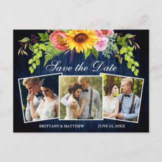 Cartão Postal Sunflower Floral Blue Wood 3 Foto Salvar Data
