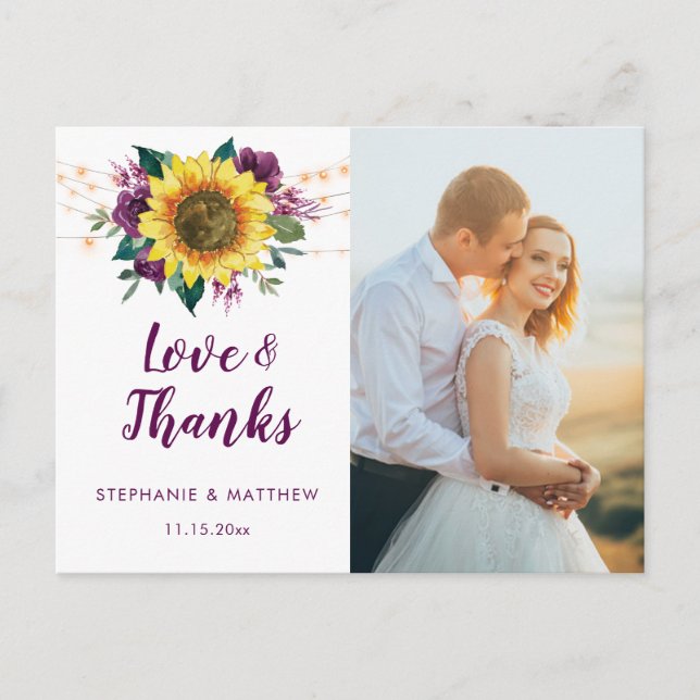 Cartão Postal Sunflower Plum Purple Rosa Luzes Foto Muito Obriga (Frente)