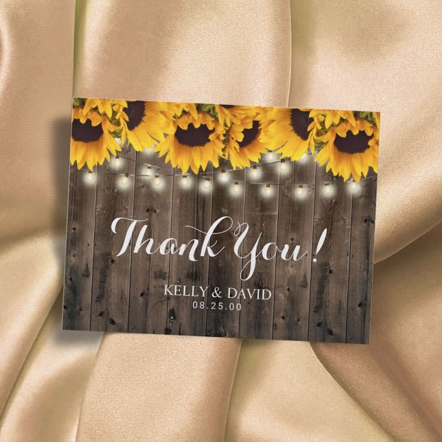 Cartão Postal Sunflower String Lights Country Casamento Obrigado (Criador carregado)