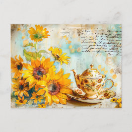 Cartão Postal Sunflower with Antique Coffee Pot and Fantasy text