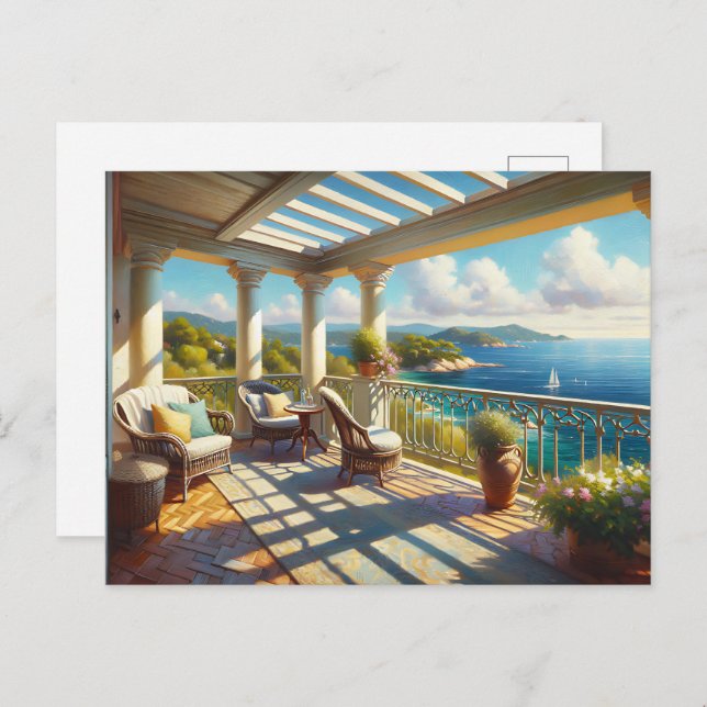 Cartão Postal Sunny Balcony Sobrevendo o Mar (Frente/Verso)