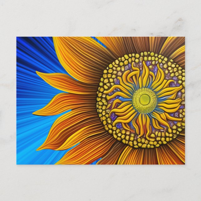 Cartão Postal Sunny Sunflower russo em azul (Frente)