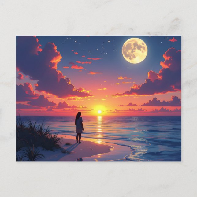 Cartão Postal Sunset and moon rising (Frente)