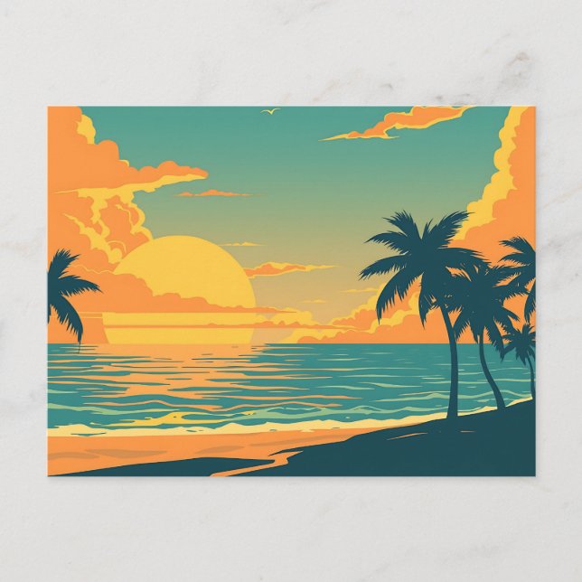 Cartão Postal Sunset de Praia Tropical Retro (Frente)