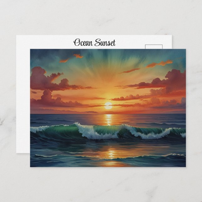 Cartão Postal Sunset Sunrise Oceânica Ondas Coloridas Aquarela A (Frente/Verso)