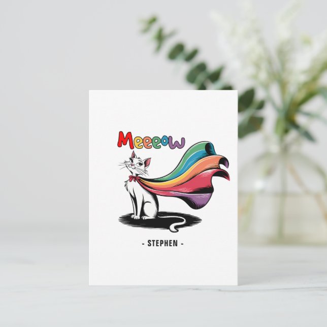Cartão Postal Super Cat Meeow - Rainbow Cape Pride Cat (Em pé/Frente)