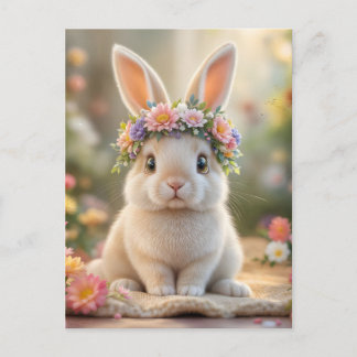 Cartão Postal Super cute bunny with a flower wreath on its head 