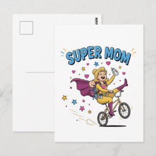 Cartão Postal Super Mãe Super-Heroína Andando de Bicicleta com P