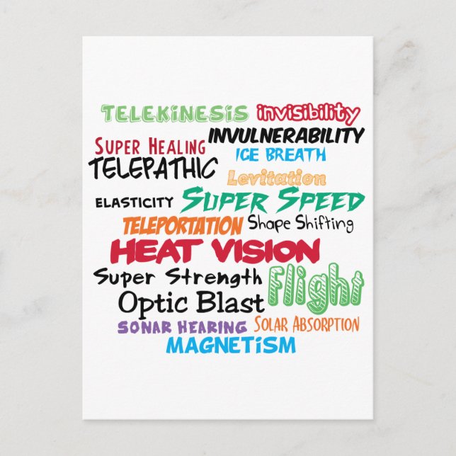 Cartão Postal Super-poderes super-heróis (Frente)