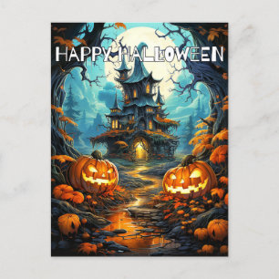 Cartão Postal Super Spooky Haunted House & Pumpkins