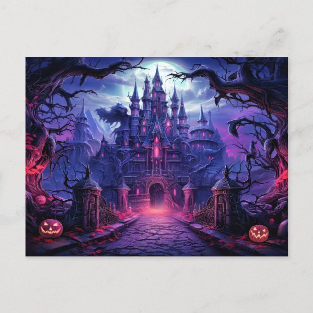 Cartão Postal Super Spooky Haunted Manor | Feliz Dia das Bruxas (Frente)