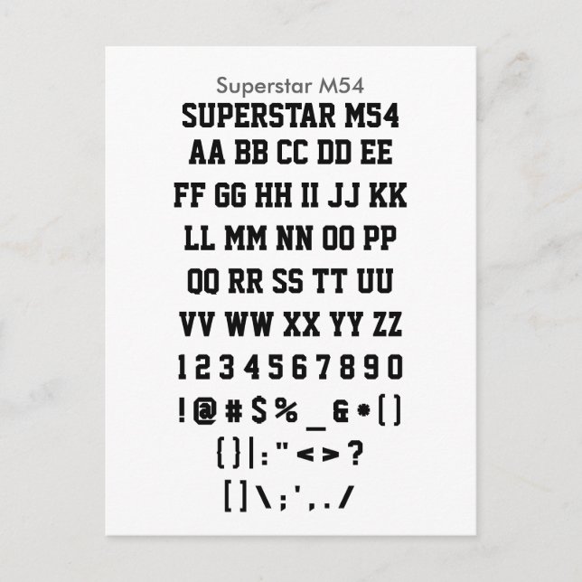 Cartão Postal Superstar M54 - Folha de Amostra de Fontes Zazzle (Frente)