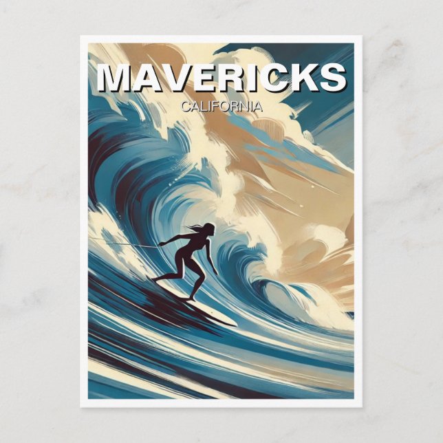 Cartão Postal Surfando em Mavericks California Surfer Girl Wave (Frente)