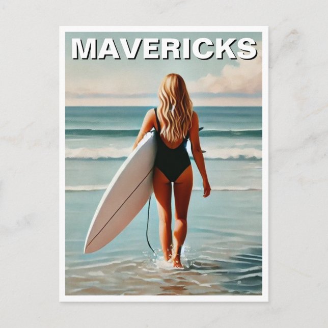 Cartão Postal Surfando em Mavericks California Surfer Girl Wave (Frente)