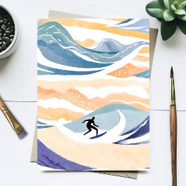 Cartão Postal Surfar a Onda | Oceano Contemporâneo em Aquarela