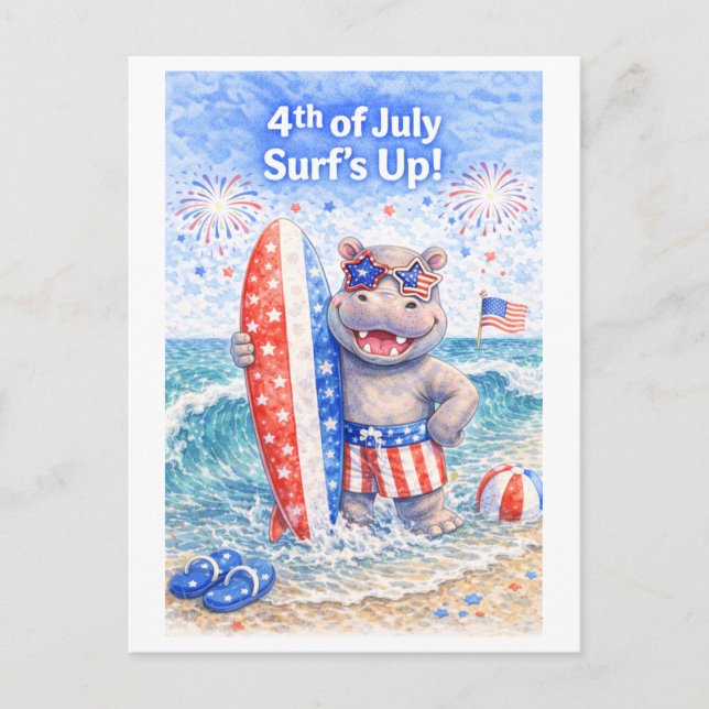 Cartão Postal Surfer 4th July Independence Day Hippo at Beach  (Frente)