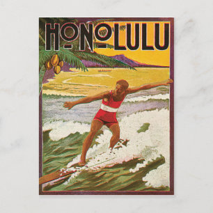 Cartão Postal Surfer na praia trópica de Honolulu, viagens vinta
