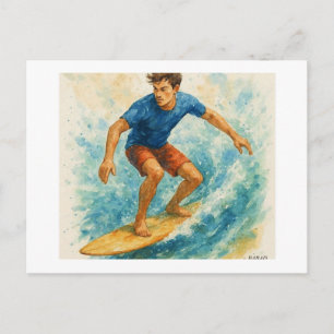 Cartão Postal Surfista Cavalgando uma Onda,