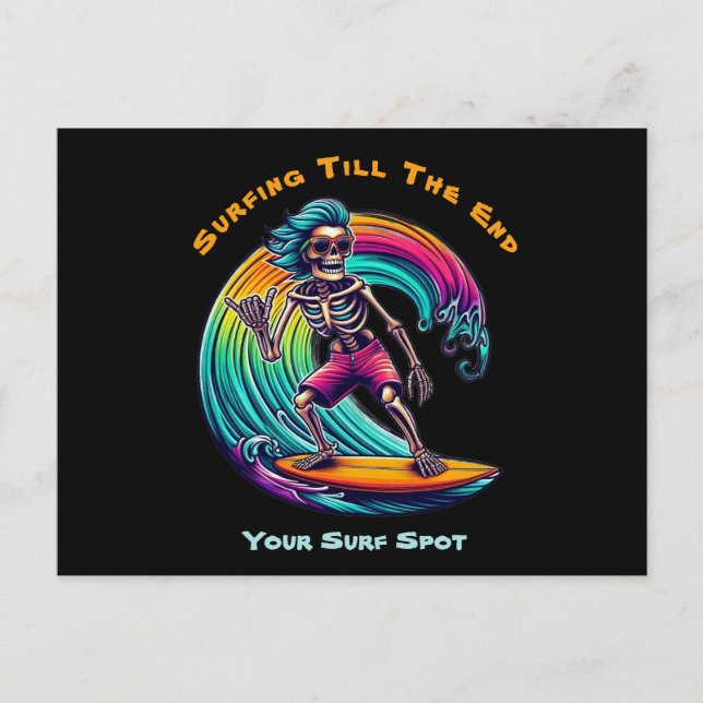Cartão Postal Surfista De Esqueleto Andando Uma Onda (Frente)