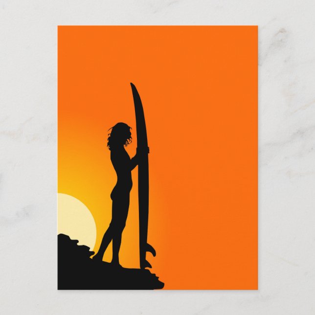 Cartão Postal Surfista Sunset Girl com surfboard (Frente)