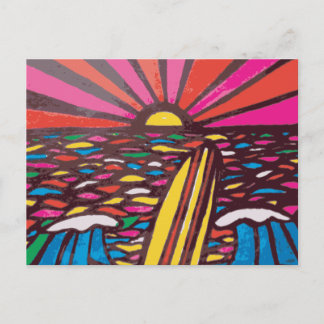 Cartão Postal Surfs Up Folk Art Surfer Abstrato