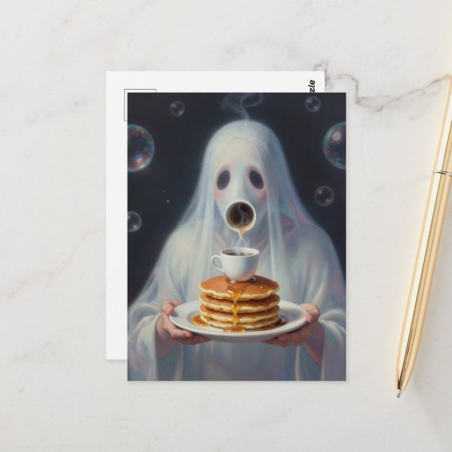 Cartão Postal Surreal Breakfast pancakes ghost with coffee  (Frente/Verso In Situ)