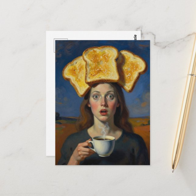 Cartão Postal Surreal Breakfast Series Toast and  Coffee Woman  (Frente/Verso In Situ)