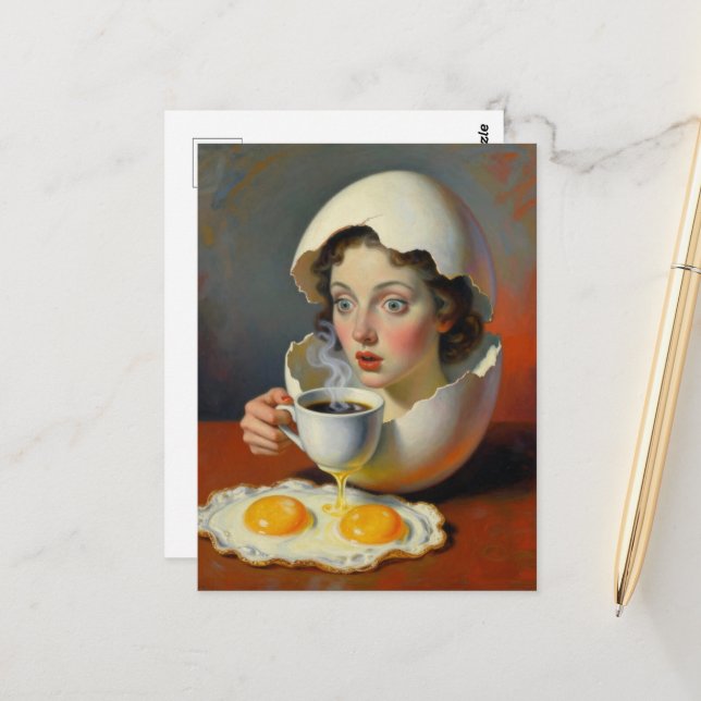 Cartão Postal Surreal Breakfast Woman in Cracked Egg With Coffee (Frente/Verso In Situ)