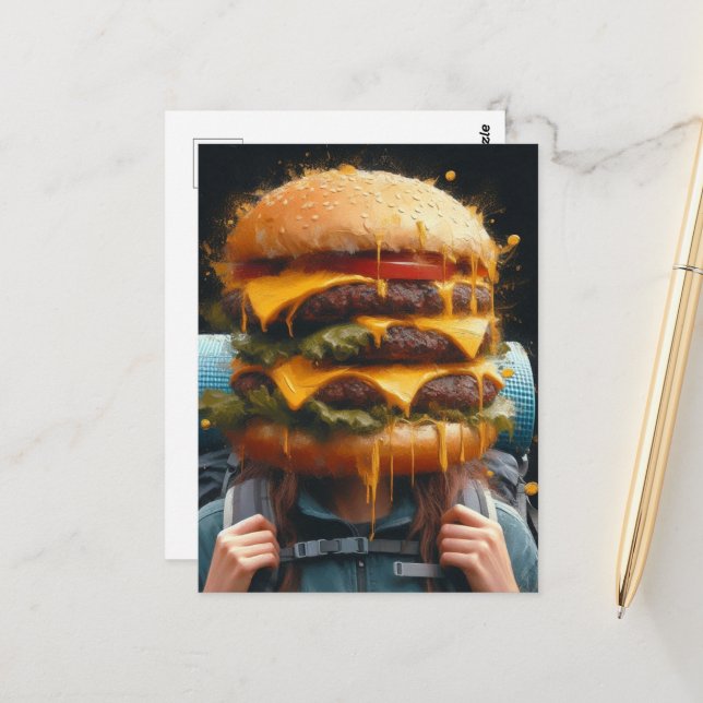 Cartão Postal Surreal caminhando com um Cheeseburger em minha me (Frente/Verso In Situ)