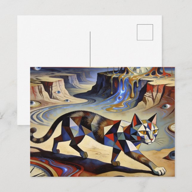 Cartão Postal Surreal Cat Melting Clocks Dali Picasso Inspired (Frente/Verso)